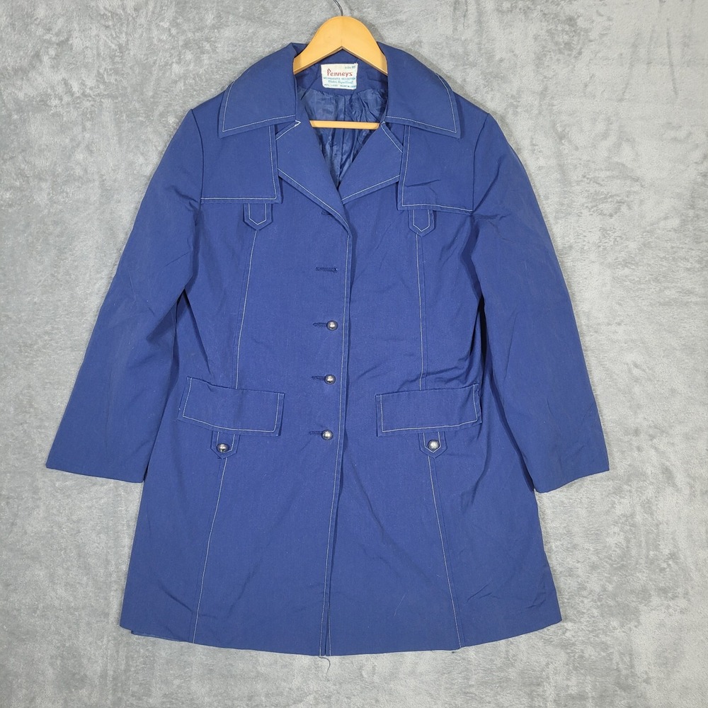 Vtg Penneys Trench Coat Womens 16 Blue Water Repellent 70s Japan